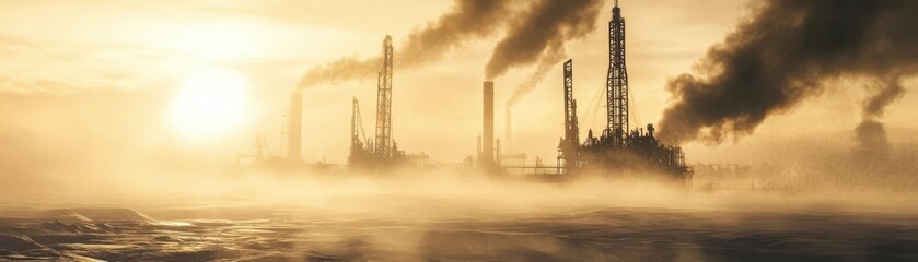Obraz premium Futuristic Drilling Rigs in a Steam Filled Landscape Sustainable Energy Concept