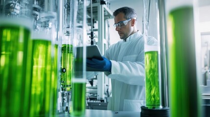 Technician Monitoring Hydrogen Storage Tanks in Green Energy Research Facility with Technological Progress