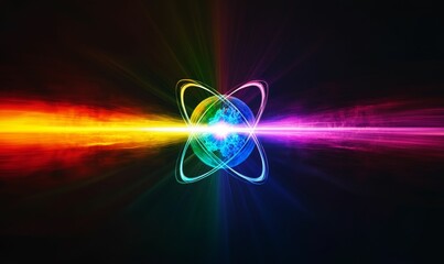 Abstract colorful light beams, central glowing orb.