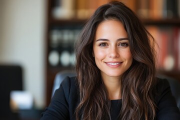 Fototapeta premium This portrait showcases an elegant businesswoman with a warm, welcoming smile, emphasizing her approachable nature in a professional office environment.