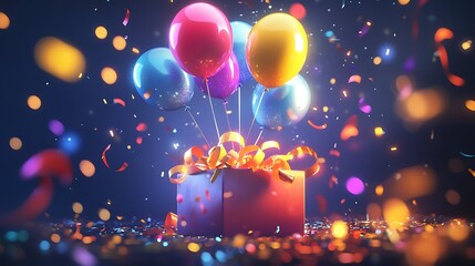 Obraz premium Bright festive 3d surprise box with colorful balloons popping upwards surrounded by glowing ribbons and celebration details