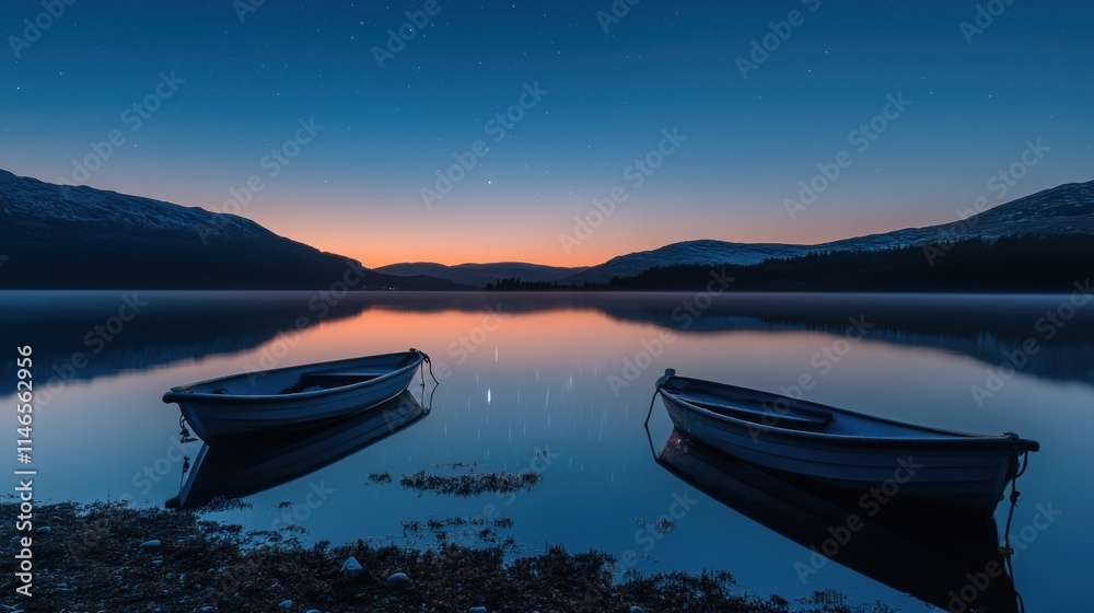Poster serene twilight over a calm lake with two boats reflecting the twilight sky.