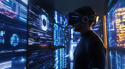 A Person Wearing VR Headset in Front of Digital Screens