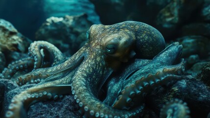 A Majestic Octopus Resting on a Rocky Seabed Surrounded by Aquatic Life in a Vibrant Underwater Scene, Showcasing Its Unique Colors and Textures