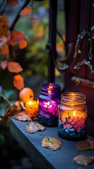 Fototapeta premium Colorful Halloween candles in painted jars