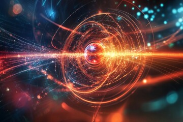 Abstract glowing sphere, swirling light trails.