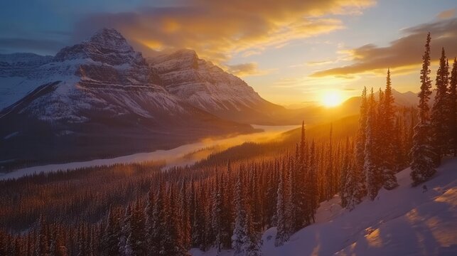 breathtaking mountain landscape at golden hour with majestic sun setting behind snow-capped peaks, casting warm light across alpine valley and pine forest