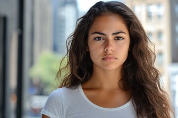 Fototapeta premium Intense Expression of a Young Hispanic Woman with Long Hair in Urban New York City