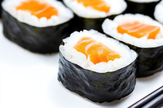 Close-Up View of Delicious Sushi Rolls with Salmon Filling on a White Plate Surrounded by Decorative Ingredients and Chopsticks