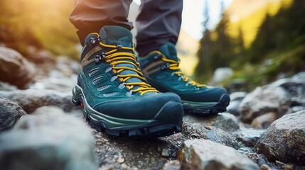 close-up shot of a hiker's shoes trekking through rugged mountain terrain, showcasing the adventure and connection with nature, with a blurred background emphasizing the hike's intensity