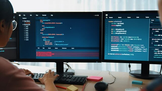 Slow motion back end software developer engineer for computer programming working together on debugging writing computing code, solving complex algorithms display on monitor in office. Burgeoning