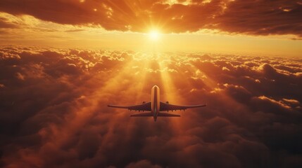 commercial aircraft soaring through dramatic sunset sky with sun rays breaking through scattered clouds during golden hour flight