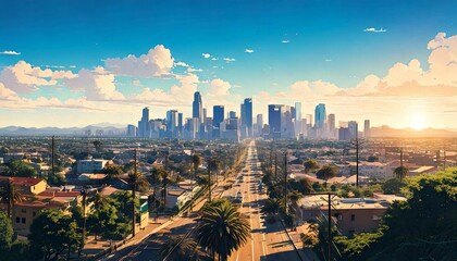 Downtown Los Angeles, Cityscape, Anime Background Art, Scenery, Illustration, Generative AI