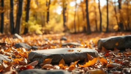 A serene autumn rock podium set in nature's warm embrace, ideal for seasonal product displays.
