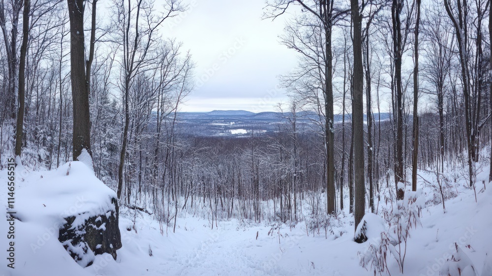 Poster snow-covered forest landscape with a distant view of hills under a cloudy sky.