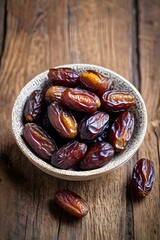 A tiny bowl of dates on a wooden table old