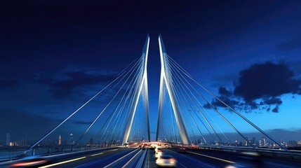 Obraz premium Illuminated Nightscape: A Stunning View of Shanghai's Modern Bridge Under a Blue Sky