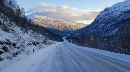 Snow-covered road winding through mountains under a clear sky.