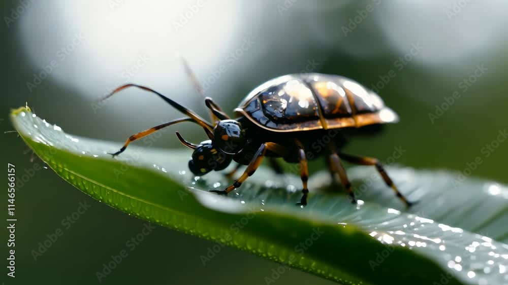 Poster close-up view of a beetle resting on a green leaf in a serene garden setting during early morning li