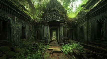 Mysterious Abandoned Temple Hidden in Lush Jungle, Enclosed by Greenery and Vines, Reflecting Nature's Power Over Ancient Architecture