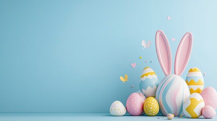 Colorful eggs and big bunny ears, empty copy space blue background. Concept of Happy Easter, hunt, decoration and holiday sale. 3D rendering illustration 