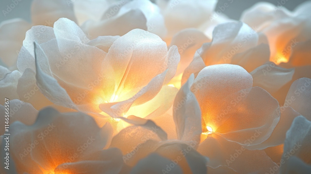 Poster soft white flowers illuminated with warm light, creating a serene and tranquil atmosphere.