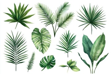 Vibrant Watercolor Tropic Scene Featuring Lush Greenery and Exotic Palm Leaves for Fabric Design