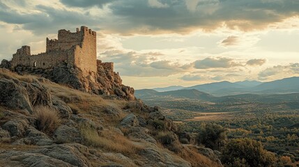Majestic castle ruins atop a hill overlooking a serene valley at sunset.