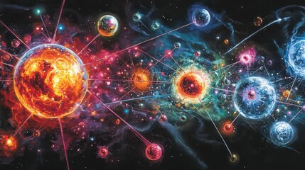 Cosmic bodies, vibrant nebula, interconnected pathways.