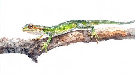 Fototapeta premium Watercolor Painting of a Green Lizard on a Branch