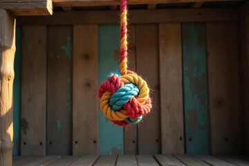 Monkey fist rope ball suspended from a wooden beam against a rustic backdrop, rope ball, handmade, woven