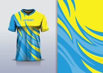 T-shirt mockup abstract curve line sport jersey design for football, soccer, racing, esports, running, in blue yellow color