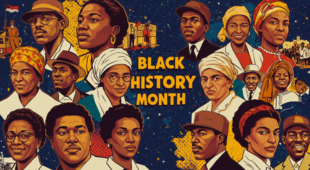 Black history month, banner and african people with portraits, heritage and culture for celebration. Graphic, historical figures and community for poster, diversity and equality