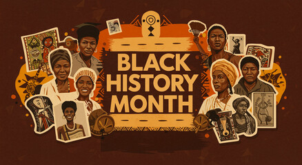 Black history month, banner and african people with illustrations, heritage and culture for celebration. Graphic, historical figure and community for poster, diversity and equality