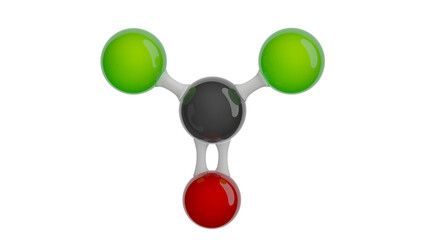 Molecule of Phosgene. Molecular formula: CCl2O. Chemical model: Ball and Stick. Isolated. Transparent background. PNG transparent. 3D illustration