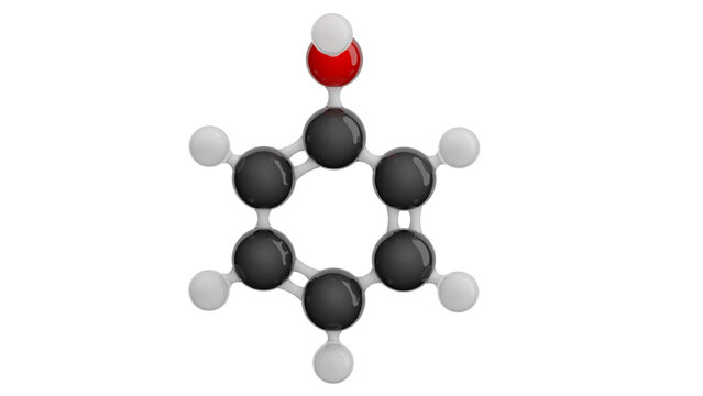 Molecule of carbolic acid. Molecular formula: C6H6O. Chemical model: Ball and Stick. Isolated. Transparent background. PNG transparent. 3D illustration