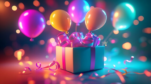 Bright dynamic surprise box in 3d with glowing colorful balloons and sparkling ribbons creating a cheerful celebration scene