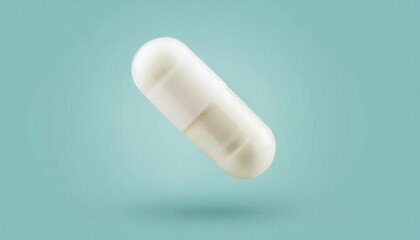 Floating White Capsule on Aqua Background. Symbol of Modern Medicine, Health Supplements, and Pharmaceutical Innovation for Wellness, Healthcare, and Precision Medication. Ideal for Medical Concepts