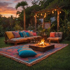 A trivia game held in a colorful, bohemian garden, with cushions scattered on the grass, tiki torches flickering in the evening breeze, and a soft sunset in the background.