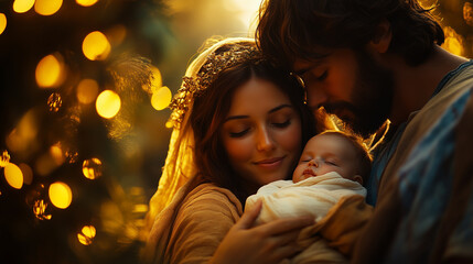 Mary holding baby Jesus with Joseph by her side, surrounded by a warm golden glow.