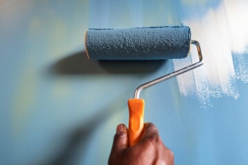 A person applying blue paint to a white wall with a paint roller, depicting the process of home improvement, wall renovation, and interior decoration.