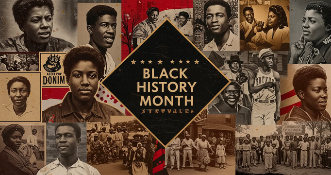 Black history month, portraits and african american people with banner, celebration and legacy. Collage, heritage and historical figures for poster, diversity and remembrance