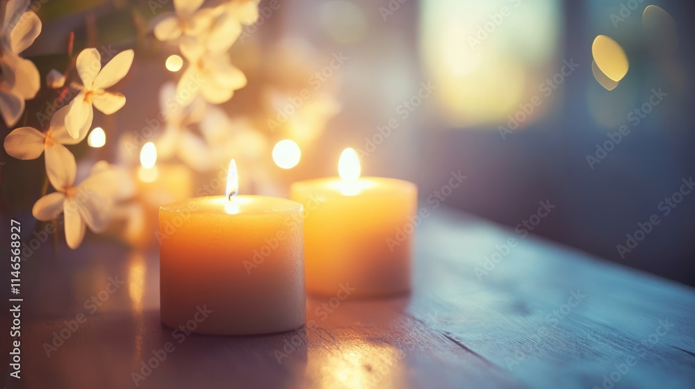 Poster softly glowing candles surrounded by delicate flowers, creating a serene and calming atmosphere.