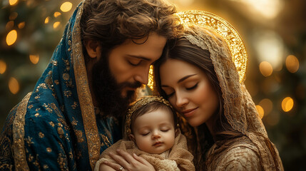 The Holy Family depicted with a golden halo around baby Jesus in a minimalist setting.