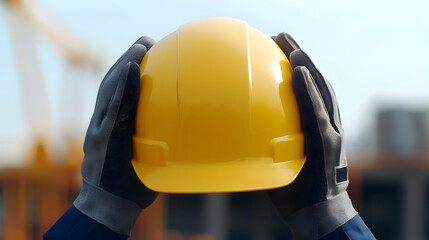 A worker holds a yellow hard hat, symbolizing safety in construction and industry.