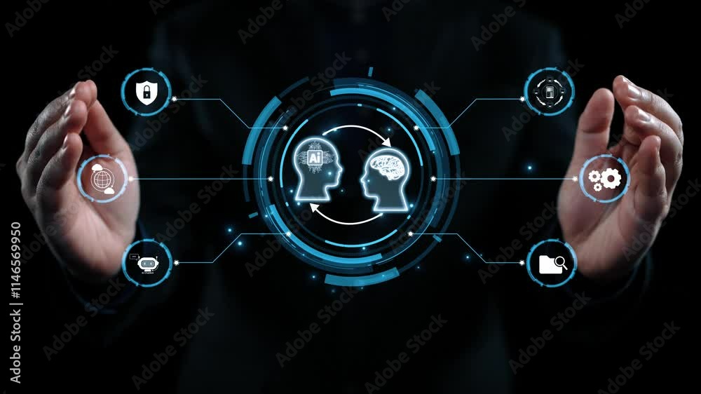 Poster human interact with ai artificial intelligence brain processor in concept of ai artificial intellige