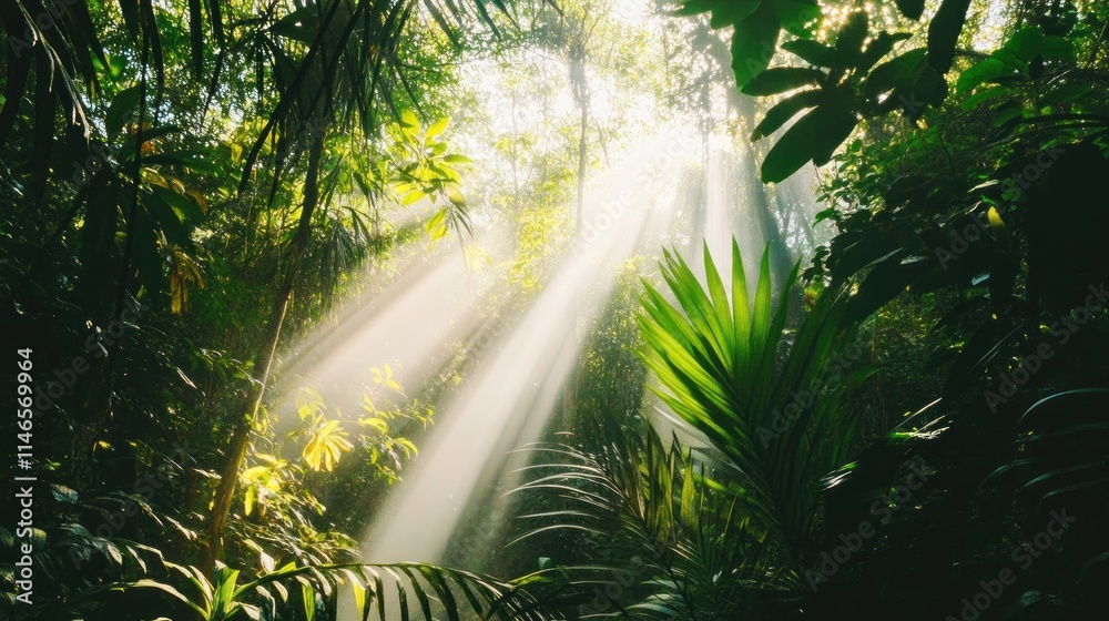 Poster sunlight streams through lush foliage in a vibrant jungle setting.