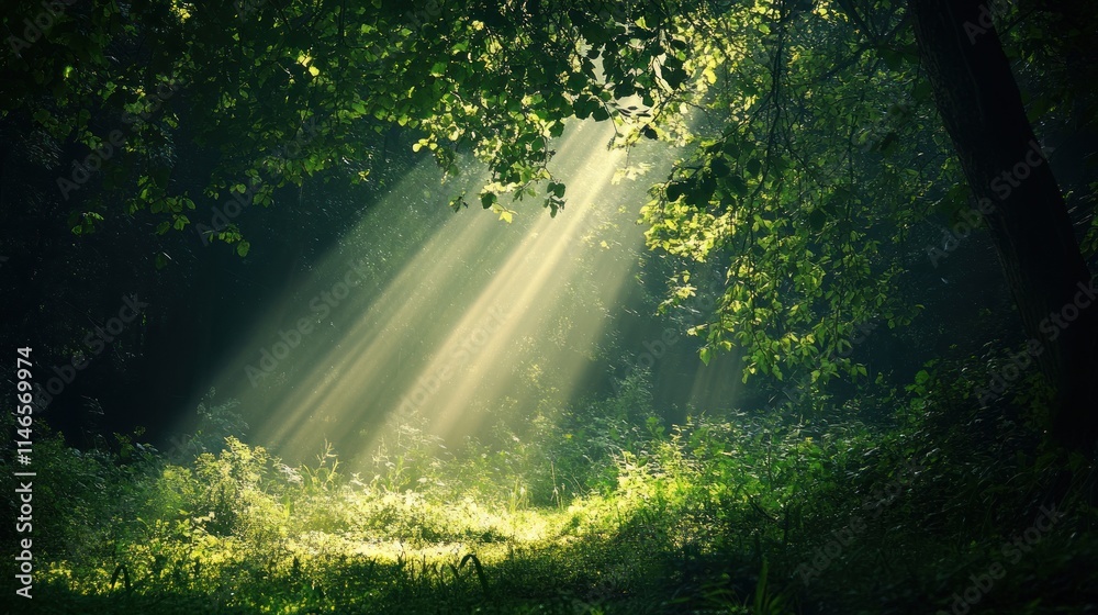 Aufkleber sunlight streams through trees, illuminating a serene forest clearing.