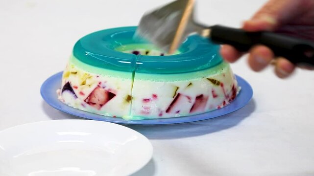 Special Christmas dessert, colored gelatin, marbled gelatin or rainbow gelatin
