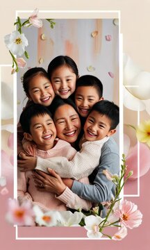 A joyful Asian mother embraces her smiling children in a tender moment, surrounded by a decorative floral frame